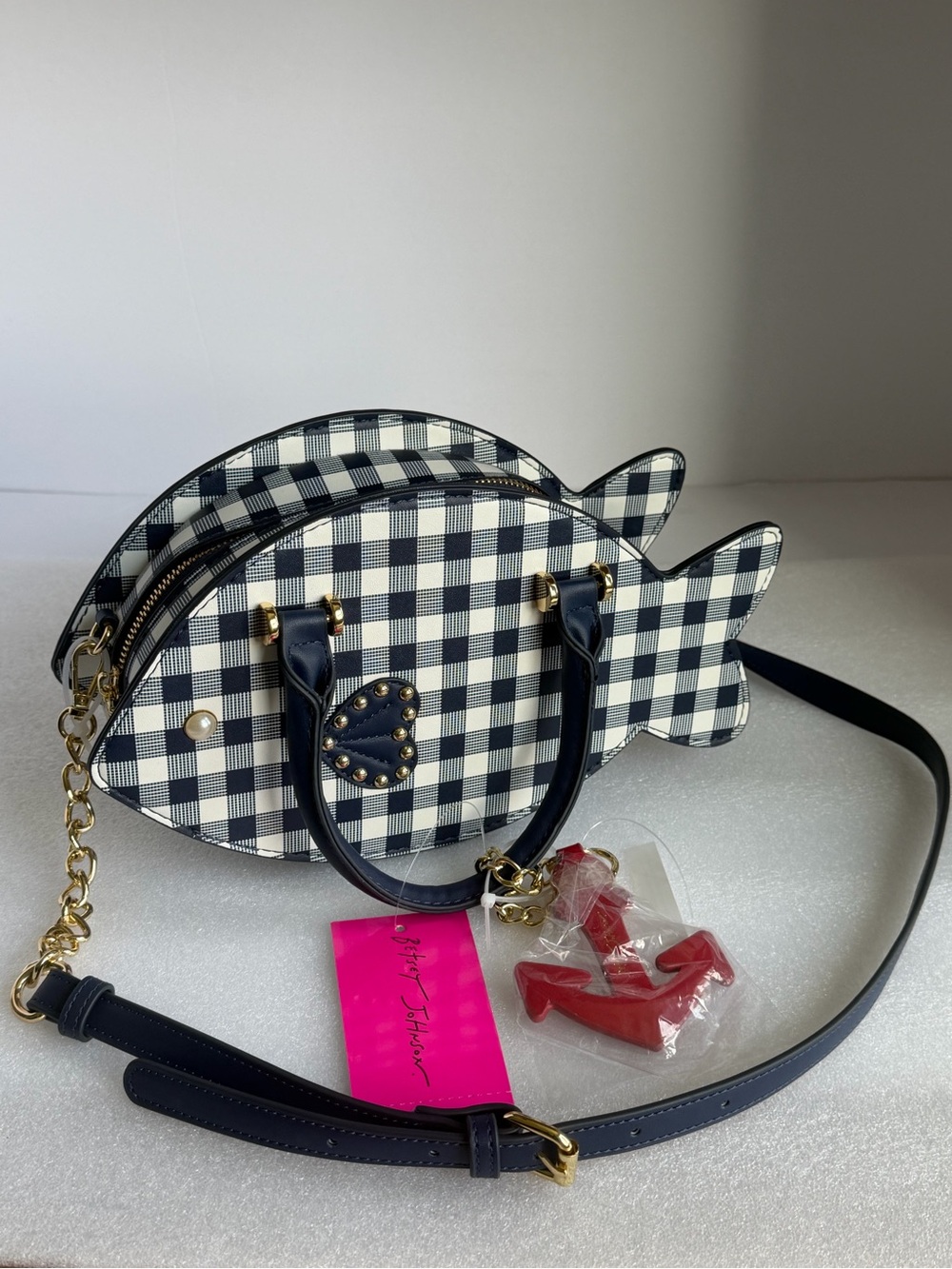 🆕 BETSEY JOHNSON Blue White Gingham Fish Crossbody Bag Purse Anchor Charm NWT